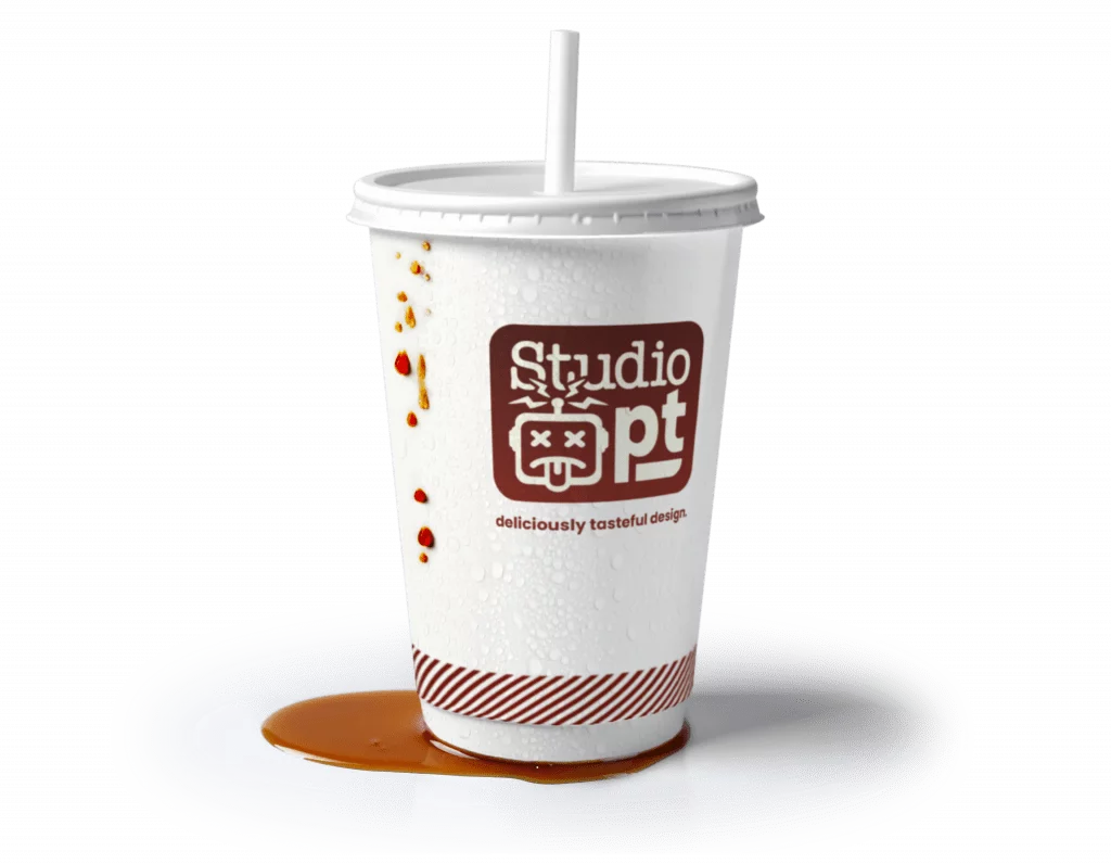 An image of a fast food soda cup with Studio Poppatron branding.