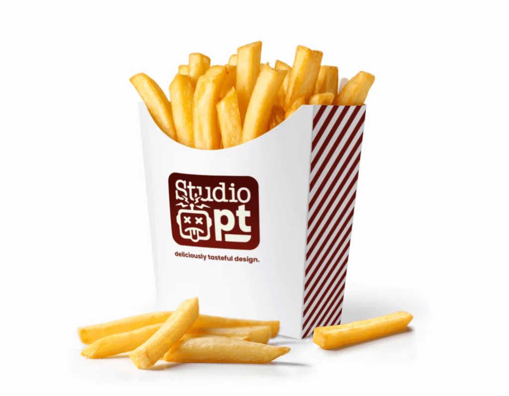 An image of a fast food french fry container with Studio Poppatron branding.