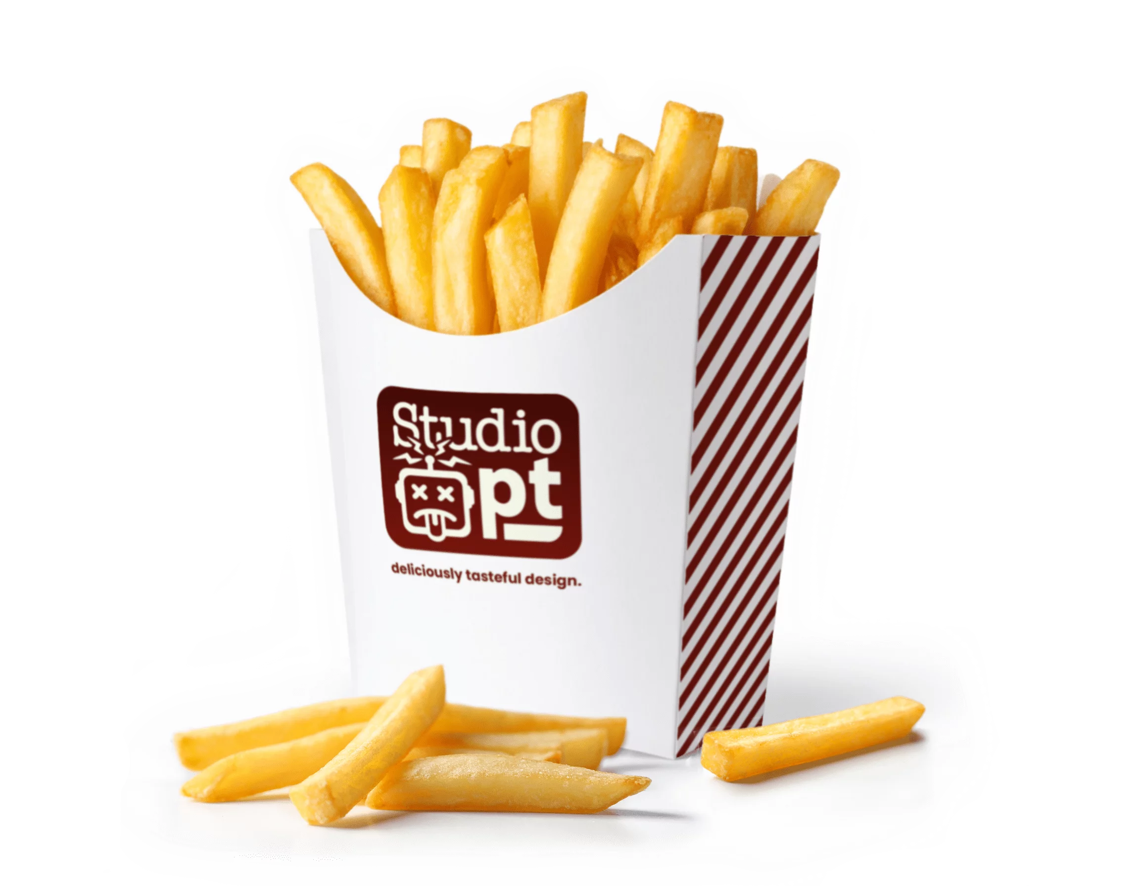 An image of a fast food french fry container with Studio Poppatron branding.