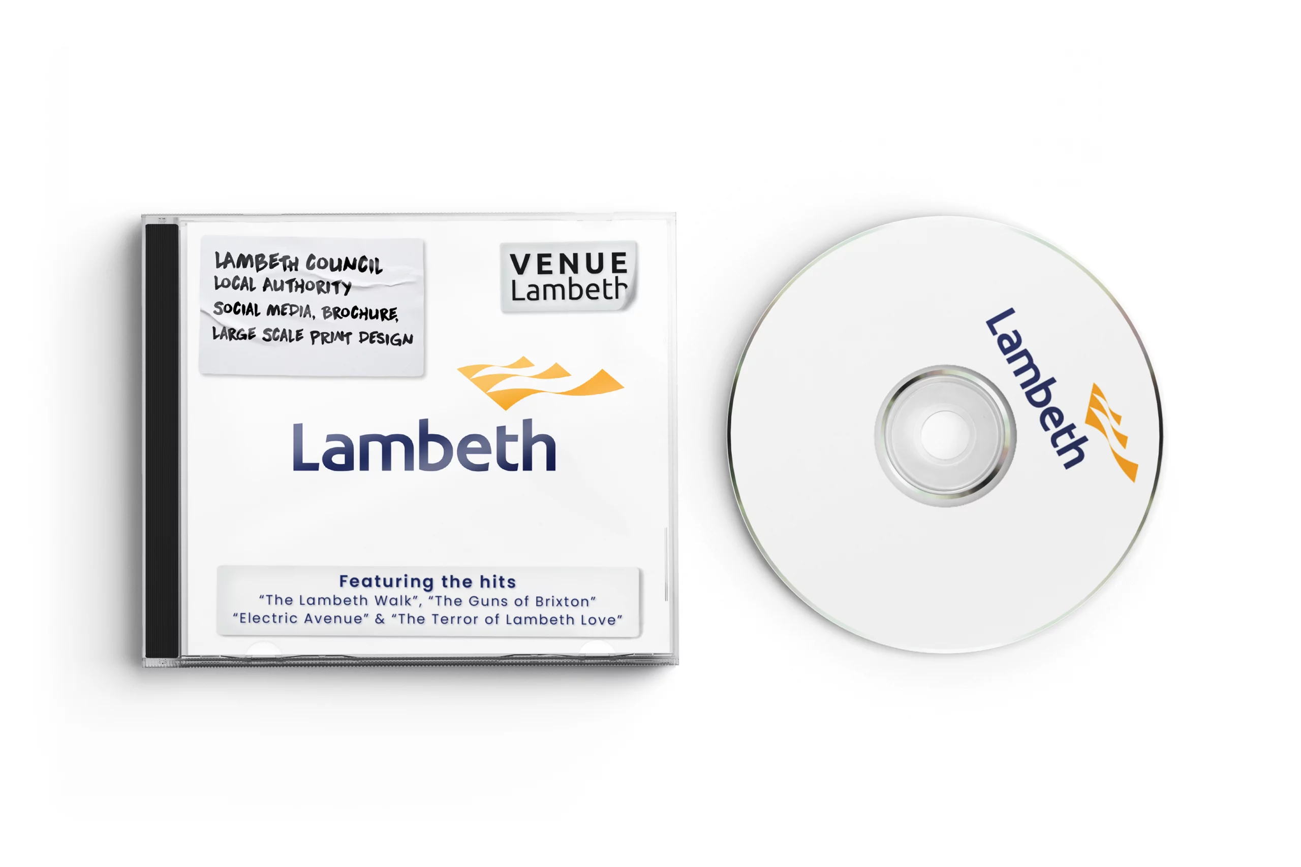 An image showing a CD and CD case with Lambeth Council Branding.