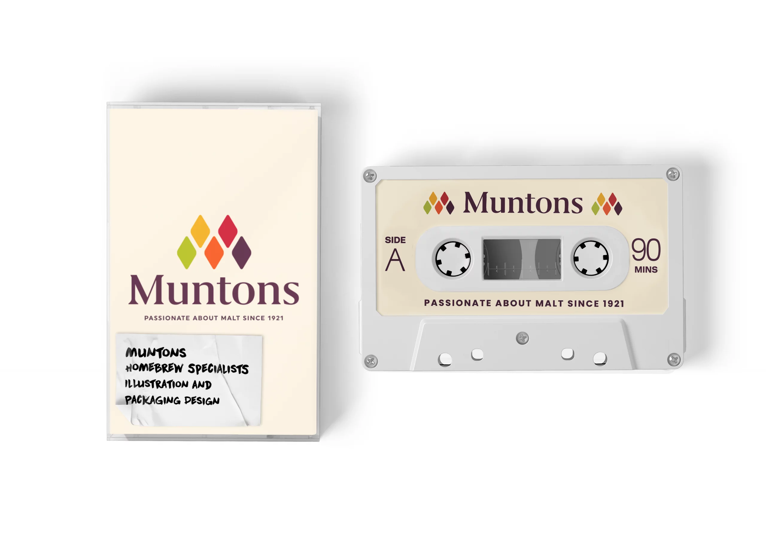 A cassette and cassette case with Muntons Homebrew branding.
