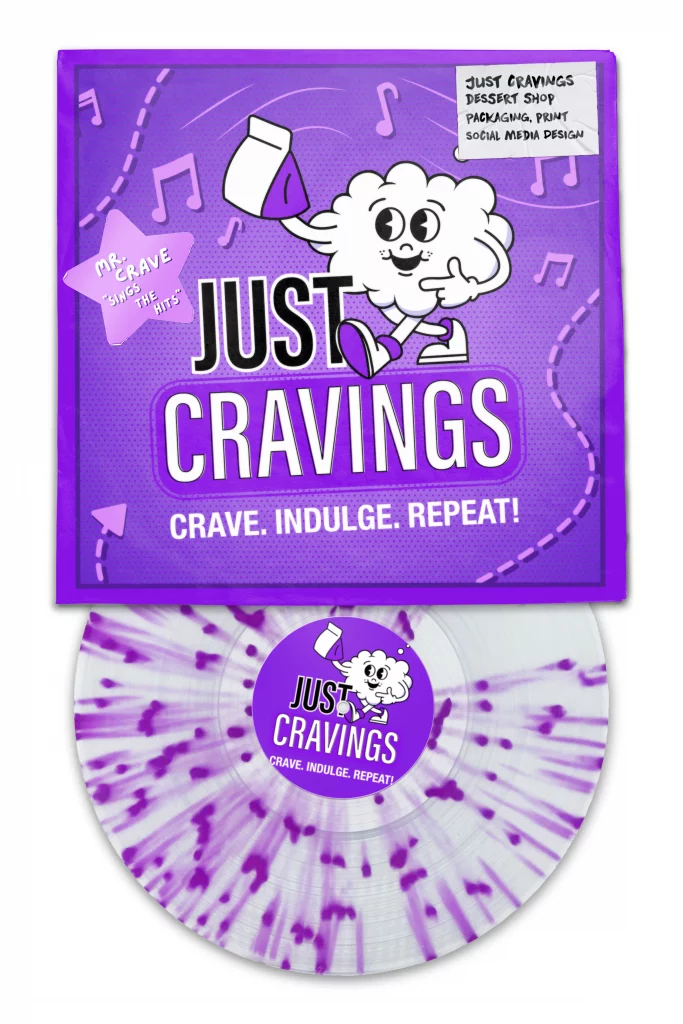 A "Just Cravings" branded record sleeve in portrait designed by Studio Poppatron.