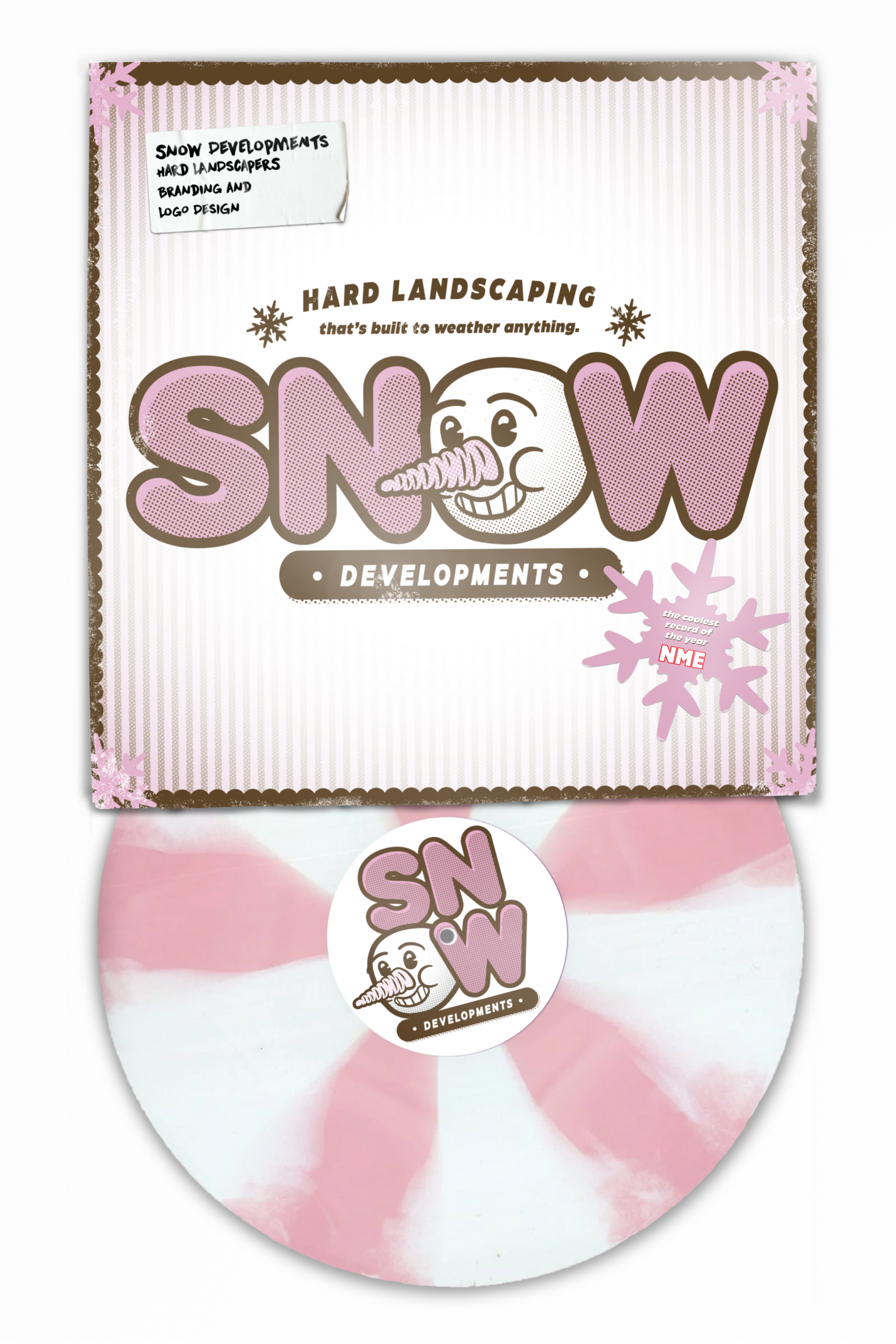 A vinyl record and sleeve with Snow Developments branding.